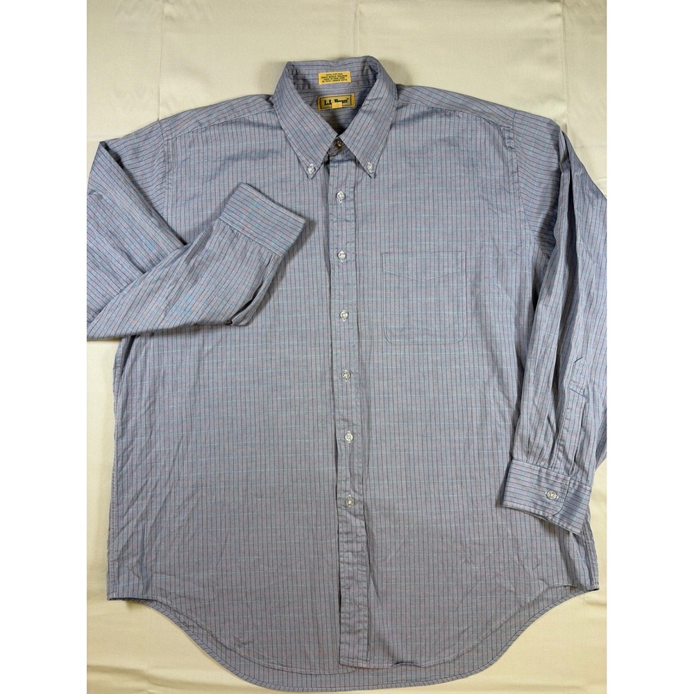 VNTG LL Bean Men 17.5/35 Blue Pinstripe Button Down Shirt Long Sleeve Hong Kong